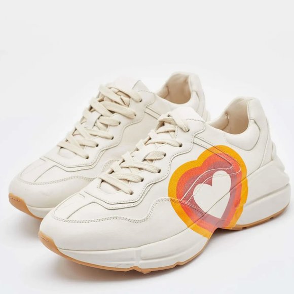 Gucci Beige Leather Rhyton GG Logo Low Top Sneakers Size 39